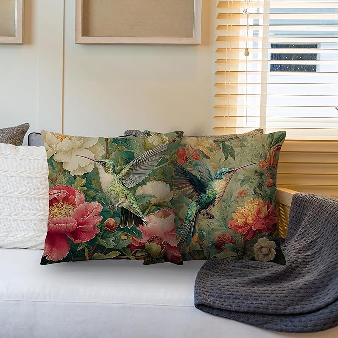 Vintage William Morris Hummingbird Pillow Cover 18x18 Set of 2,Rustic Green Hummingbird Bird Animal Floral Botanical Print Decorative Throw Pillow Covers for Home Bedroom Living Room
