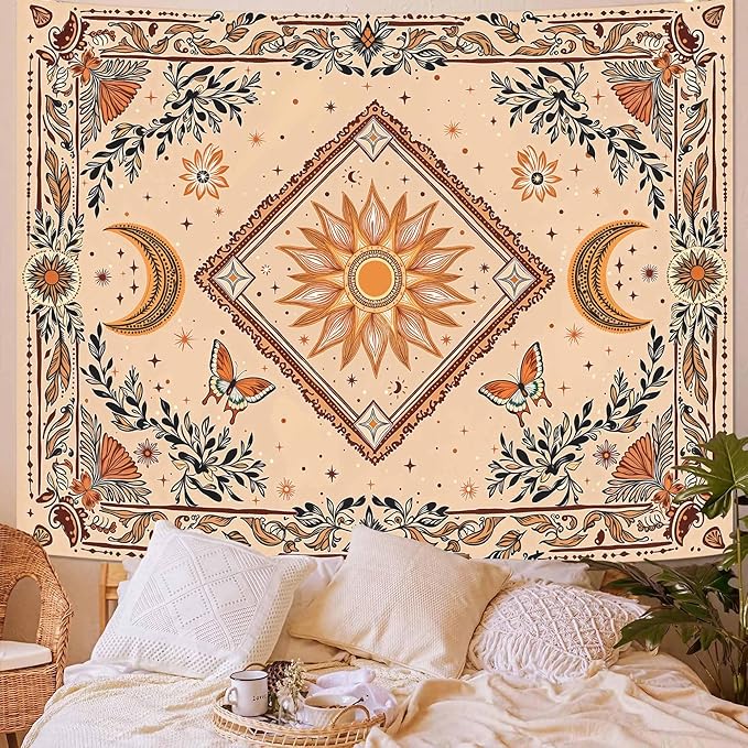 Accnicc Boho Sun and Moon Tapestry Hippie Mandala Floral Wall Tapestry for Bedroom Aesthetic Vintage Butterfly Plant Beige Small Tapestries Wall Hanging for Dorm Living Room Decor 60 x 44 Inch