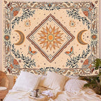 Accnicc Boho Sun and Moon Tapestry Hippie Mandala Floral Wall Tapestry for Bedroom Aesthetic Vintage Butterfly Plant Beige Small Tapestries Wall Hanging for Dorm Living Room Decor 60 x 44 Inch