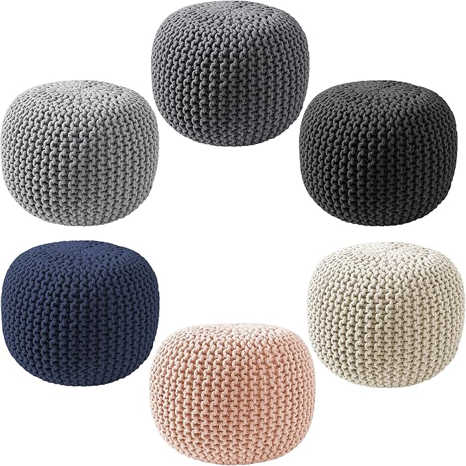Casafield Round Pouf Ottoman, Dark Gray - 20" Diameter x 14.5" High Cotton Knit Foot Stool - Boho Floor Pouffe for Living Room, Bedroom, Home Office