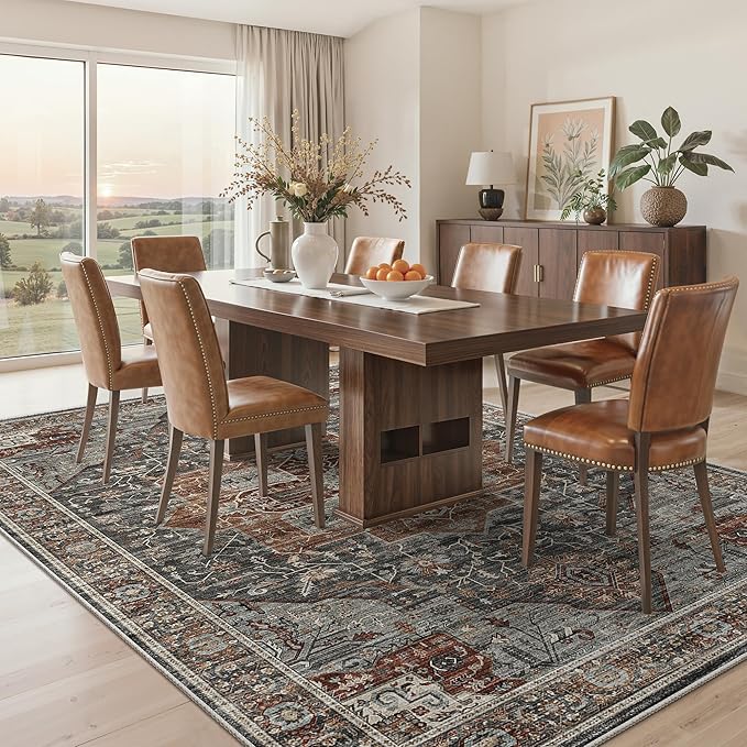 6x9 Rug, Stain Resistant Washable Area Rugs with Anti-Slip Backing, Vintage Large Bedroom, Living Room Rugs, Foldable Soft Rug (Grey/Brown/Tan, 6'x9')