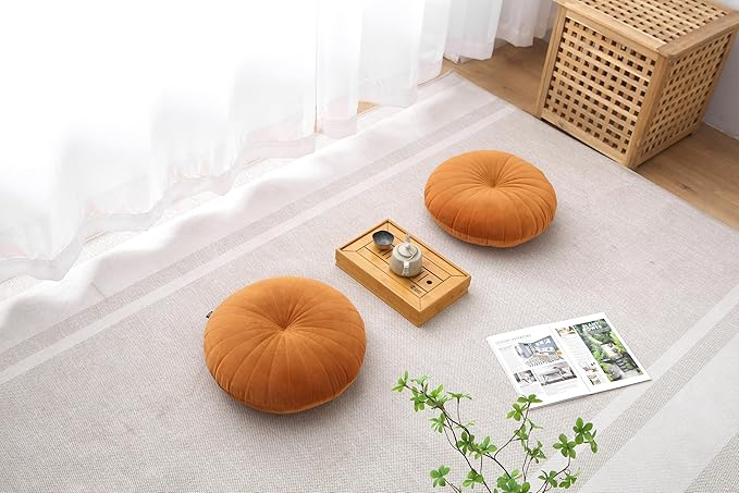 Floor Pillow Meditation Cushion Round Large Floor Pillows Seating for Adults, Velvet Thick Floor Cushions for Yoga Living Room Balcony Outdoor Tatami 18inches（Caramel）