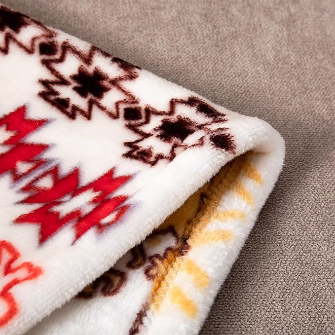 DaDa Bedding Bohemian Southwestern Mink Fleece Throw Blanket - Lightweight Cozy Farmhouse Aztec Havana Geometric Abstract Soft Warm Fall Decor - Yellow & Red - Queen - 90" x 90"