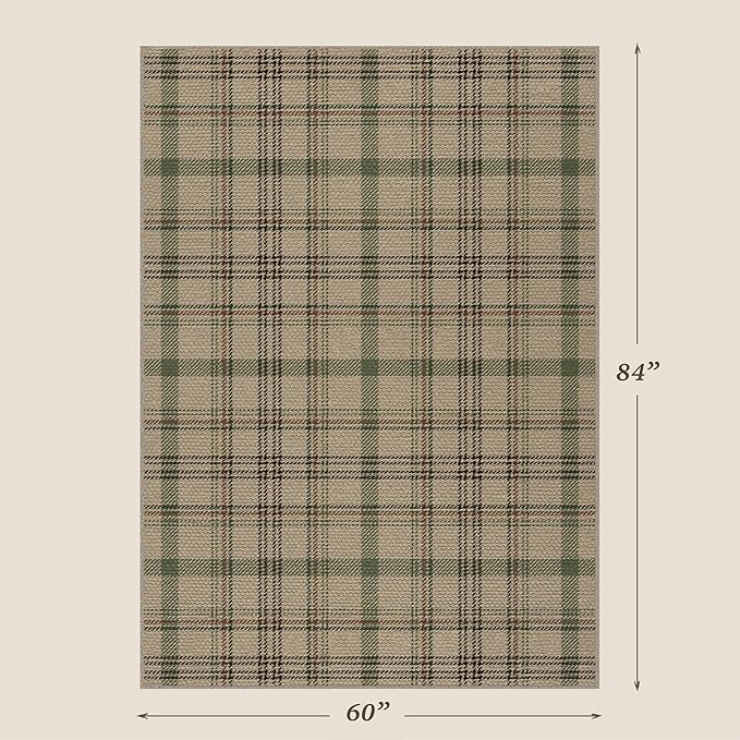 JTJ 5x7 Plaid Area Rug for Living Room - Large Indoor Outdoor Rug for Porch, Bedroom Under Bed, Non Slip Modern Farmhouse, Easy Jute Washable Beige and Sage Green Striped Aesthetic Room Decor