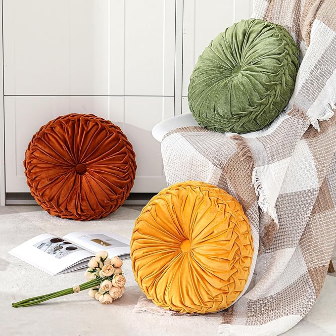 Round Throw Pillows Decorative Pleated Throw Pillows 15'' Diameter Accent Pumpkin Boho Chair Cushion for Couch Sofa Home Decoration(Olive Green,1 Pcs)