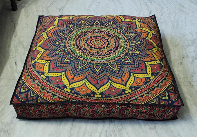 CRAFT KALA Mandala Floor Pillow Cushion Cover Seating Throw Cover Hippie Decorative Bohemian Ottoman Poufs Pom Pom Pillow Cases Boho Indian Cotton Living Room Yoga Home Décor 35" Square New Blue Ombre