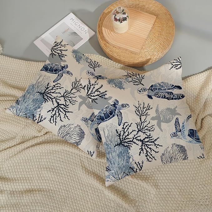Nautical Coastal Pillow Covers 20x20 Set of 2 Beach Themed Ocean Coral Sea Turtle Decorative Throw Pillows Blue Outdoor Decor Pillow Cases Linen Farmhouse Cushion Case for Sofa Home Holiday