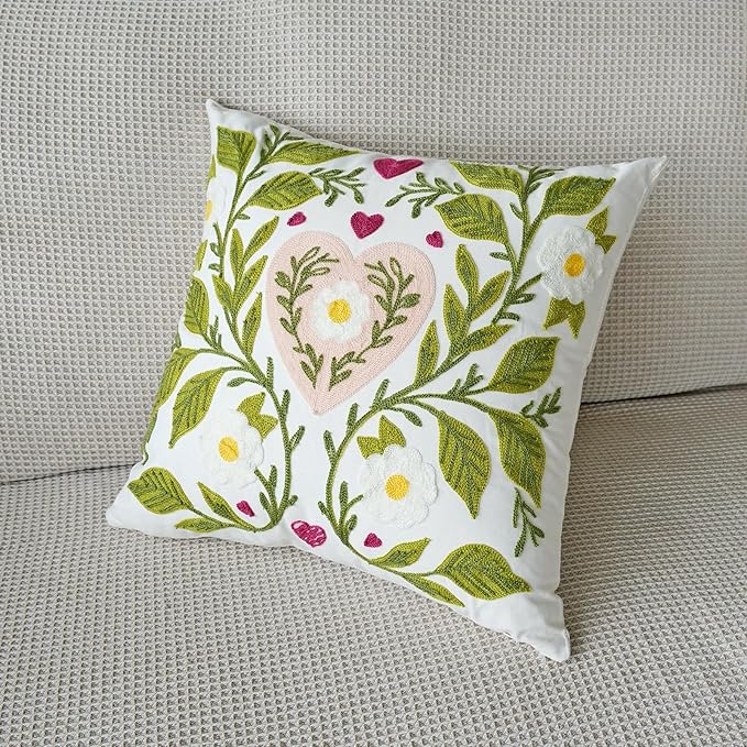 vctops Heart Flower Embroidered Decorative Throw Pillow Cover Spring Summer Floral Square Pillow Cases Cute Cotton Cushion Cover for Couch Sofa Bed (Flower E,18"x18")