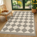 Diamond Corner Easy Jute Rug 4x6, Large Checkered Farmhouse Indoor Outdoor Patio Carpet for Backyard, Porch Decor, Low Profile Washable Non Slip Light Gray Area Rug for Living Room, Bedroom, Entryway