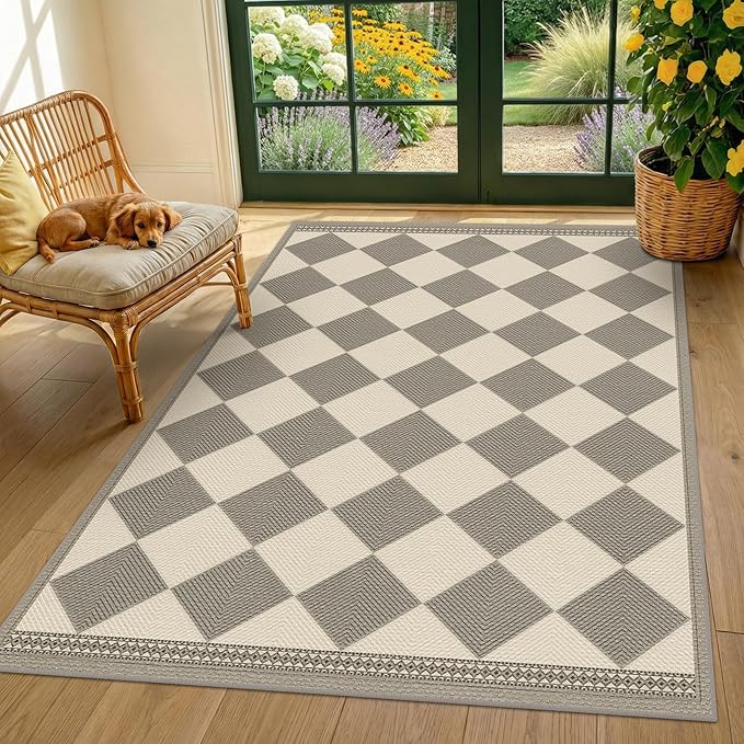 Diamond Corner Easy Jute Rug 4x6, Large Checkered Farmhouse Indoor Outdoor Patio Carpet for Backyard, Porch Decor, Low Profile Washable Non Slip Light Gray Area Rug for Living Room, Bedroom, Entryway