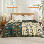 Boho Throw Blanket for Bed 80”x90”, 100% Cotton Woven Blanket for Couch Sofa, Ultra Soft 4-Layer Muslin Quilt with Bird Floral Printed, Farmhouse Bed Blanket/Cover for Living Room Decor
