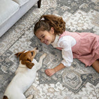 GENIMO 3x5 Area Rugs for Living Room, Machine Washable Rug, Non Slip Indoor Vintage Rug, Low Pile Lightweight Chenille Print Carpet for Bedroom Dining Room Home Office, Heathered Grey