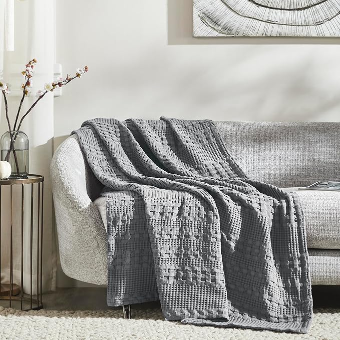 VHC Brands 100% Cotton Waffle Weave Dark Gray Throw 50x60, Decorative Cotton Throw Blanket, Boho Farmhouse Bedroom, Living Room Decor for Bed, Couch, or Sofa