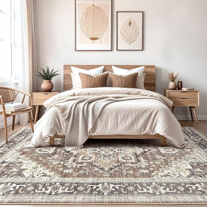 Washable Rug 8x10 Area Rugs: Boho Vintage Distressed Oriental Medallion Neutral Thin Large Rug Carpet for Living Room Bedroom Dining Room Home Office Decor - Dark Brown