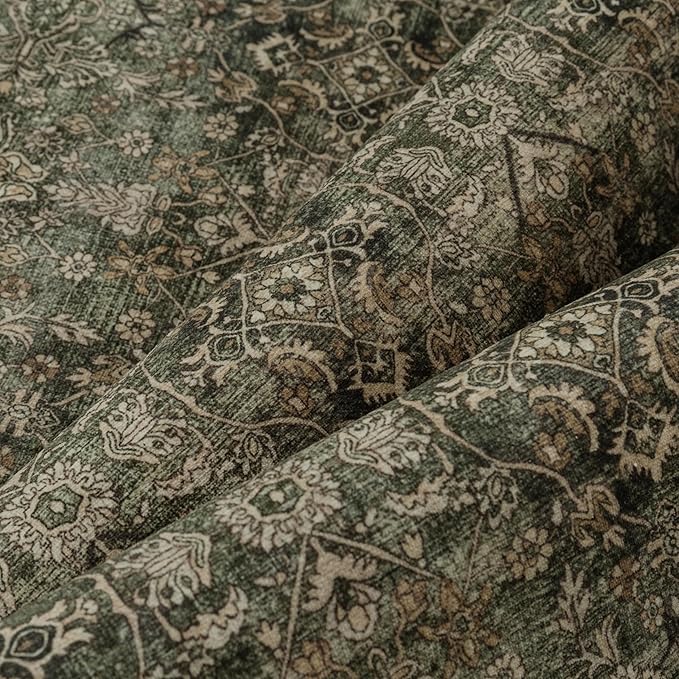 Area Rug 5x7 Green Brown Washable Vintage Living Room Carpetb Traditional Distressed Bedroom Indoor Soft Non Slip Large Rug Retro Thin Low Pile Floor Cover for Office Dining Room