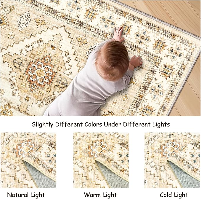 Washable Rugs 8x10, Ultra-Thin Non-Slip 8x10 Area Rugs for Living Room, Soft Vintage Large Area Rug, Foldable Farmhouse Bedroom, Dining Room Rug (Light Brown/Beige, 8'x10')