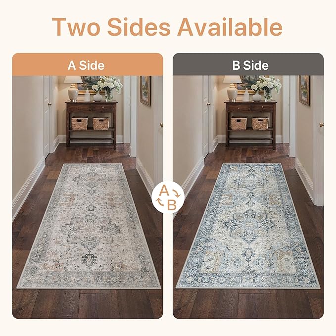 GENIMO 2.5x6 Reversible Runner Rugs for Hallway, Machine Washable Non Slip Vintage Rugs with Pad, Low Pile Lightweight Soft Print Rug for enrtyway, Corridor, Home, Office, Kitchen, Taupe & Blue