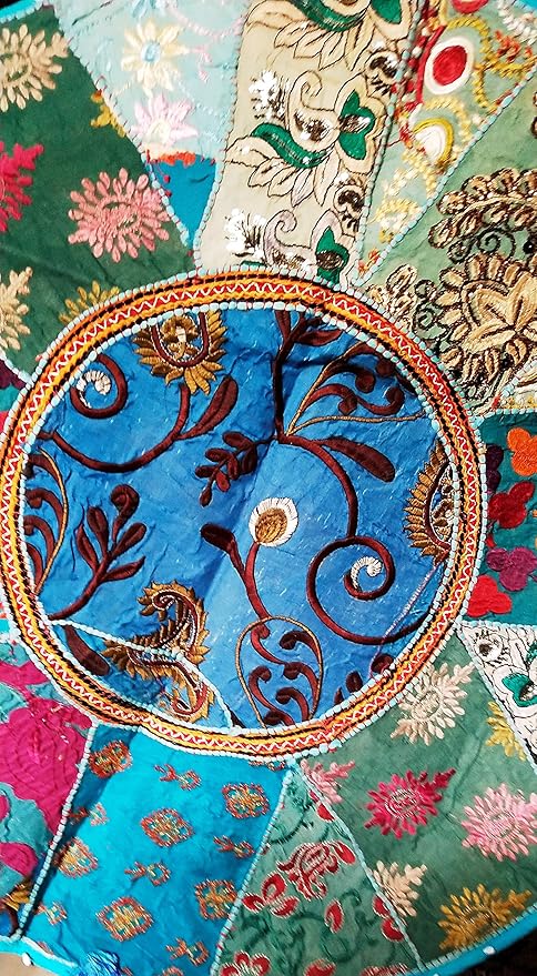 Indian Handmade Patchwork Codework Turquoise Pouf Cover Ottoman Round Floor Pillow Cushion Seating Throw Decorative Pom Pom Pillow Cases Bohemian 32 Inches