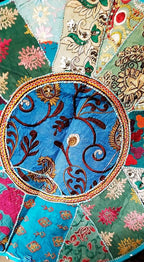 Indian Handmade Patchwork Codework Turquoise Pouf Cover Ottoman Round Floor Pillow Cushion Seating Throw Decorative Pom Pom Pillow Cases Bohemian 32 Inches