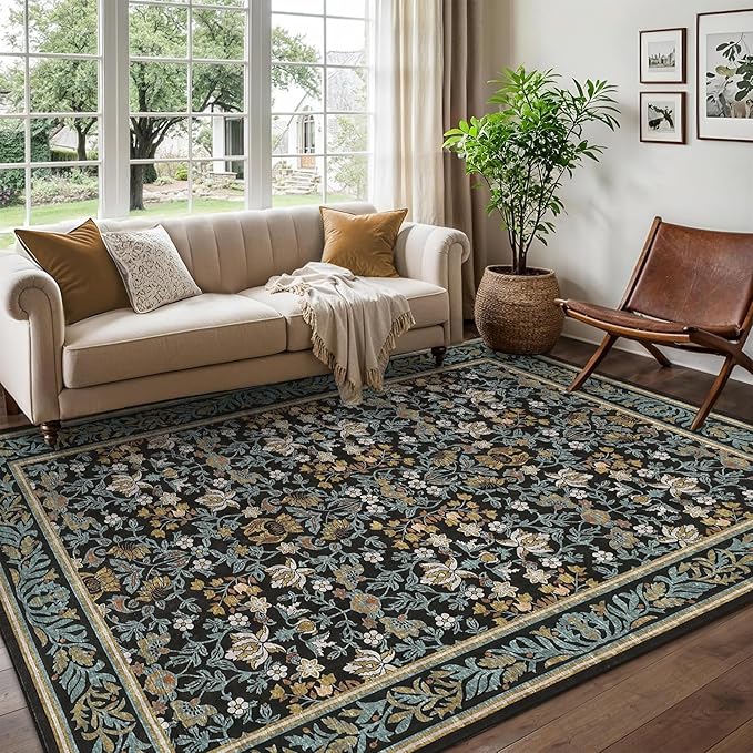 GarveeHome 6x9 Area Rugs Washable Rugs for Living Room, Boho Vintage Rug Non Slip Low Pile Stain Resistance Indoor Soft Large Carpet for Bedroom Dining Room Office Blue Black
