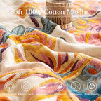 Boho Throw Blanket Queen Size, Oversized Soft Cozy Cotton Muslin Quilt Blanket for Bed Decor, Floral Patterned Couch Sofa Chair Cover, Vintage Farmhouse Cottage Woven Blanket, Yellow&Blue