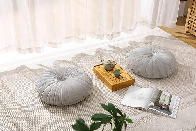 Floor Pillow Meditation Cushion Round Large Floor Pillows Seating for Adults, Velvet Thick Floor Cushions for Yoga Living Room Balcony Outdoor Tatami 18inches（Grey）