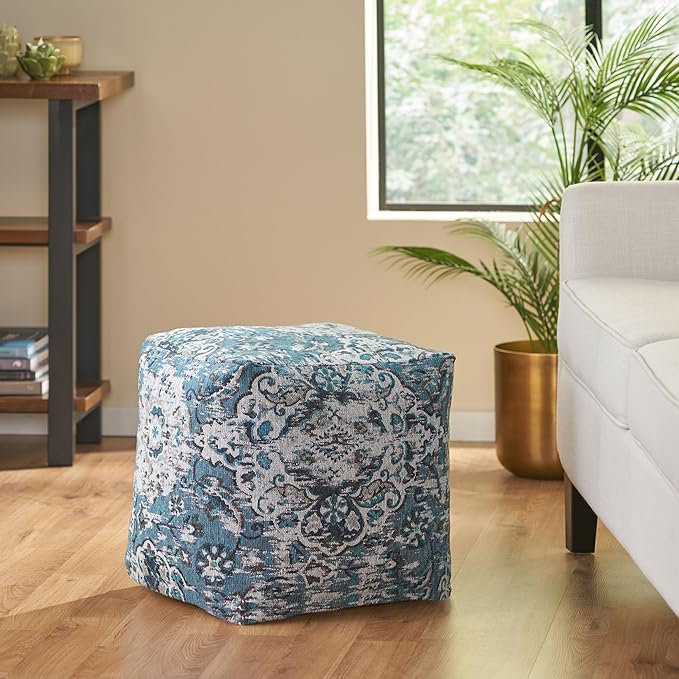 GDFStudio Boho Handmade Fabric Cube Pouf Ottoman Foot Stool - Bean Bag Floor Chair - Foot Rest Couch for Living Room Bedroom,Blue,16"" x 16"" x 16"", Conch,blue, 313832N