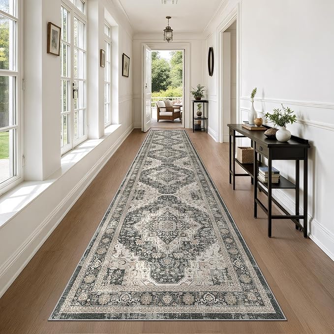 Washable Runner Rug 2.6x14 Runners for Hallways, Ultra-Thin Carpet Runners for Entryway Anti Slip Backing Runner Rugs for Kitchen Laundry Room Indoor Hallway (Black/Beige)