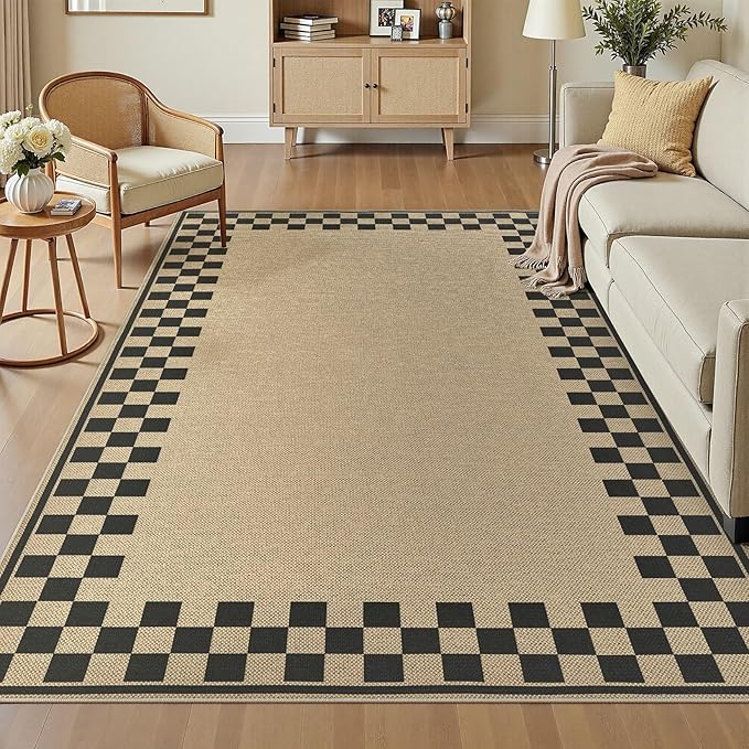 8x10 Jute Rug for Living Room: Farmhouse Carpet Indoor Outdoor Washable Non Slip Area Rug for Bedroom Patio Backyard Dining Room Table Home Office - Checkered Brown
