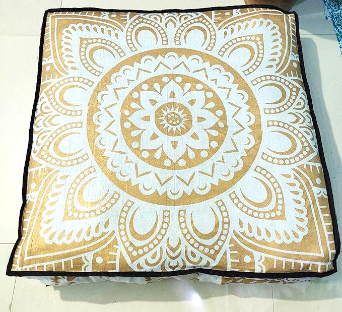 CRAFT KALA Mandala Floor Pillow Cushion Cover Seating Throw Cover Hippie Decorative Bohemian Ottoman Poufs Pom Pillow Cases Boho Indian Cotton Living Room Yoga Home Décor 35" Square, White Gold Flower