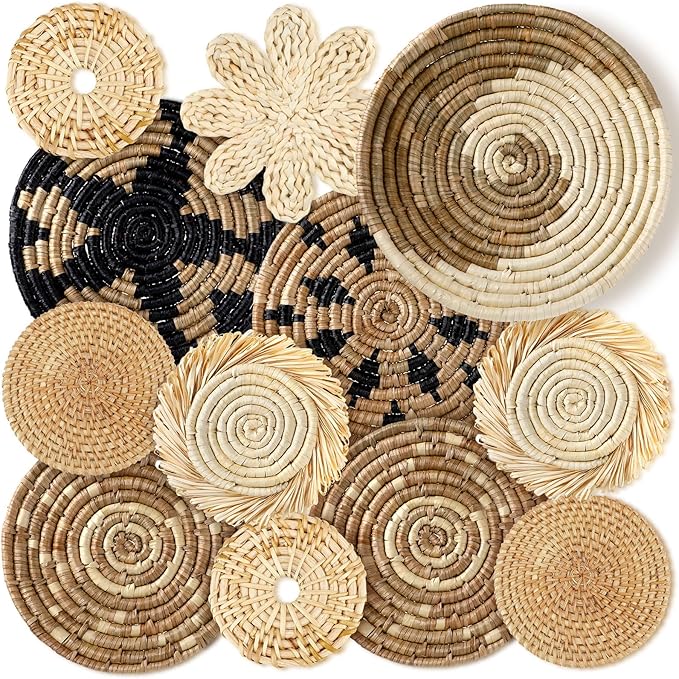 11 Pcs Boho Hanging Wall Basket Decor Handmade Woven Basket Wall Decorative Boho Wicker Baskets Placemats Round Farmhouse Bulrush Art for Rustic Home Decorations Christmas Gift(Rustic)