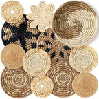 11 Pcs Boho Hanging Wall Basket Decor Handmade Woven Basket Wall Decorative Boho Wicker Baskets Placemats Round Farmhouse Bulrush Art for Rustic Home Decorations Christmas Gift(Rustic)