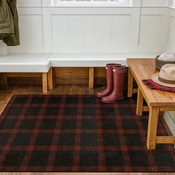 JTJ 3x5 Retro Buffalo Plaid Outdoor Rug - Front Door Mat Indoor Entrance, Non Slip Washable Rug for Kitchen, Living Room and Fireplace,Washable Easy Jute Red and Black Fall & Holiday Decor