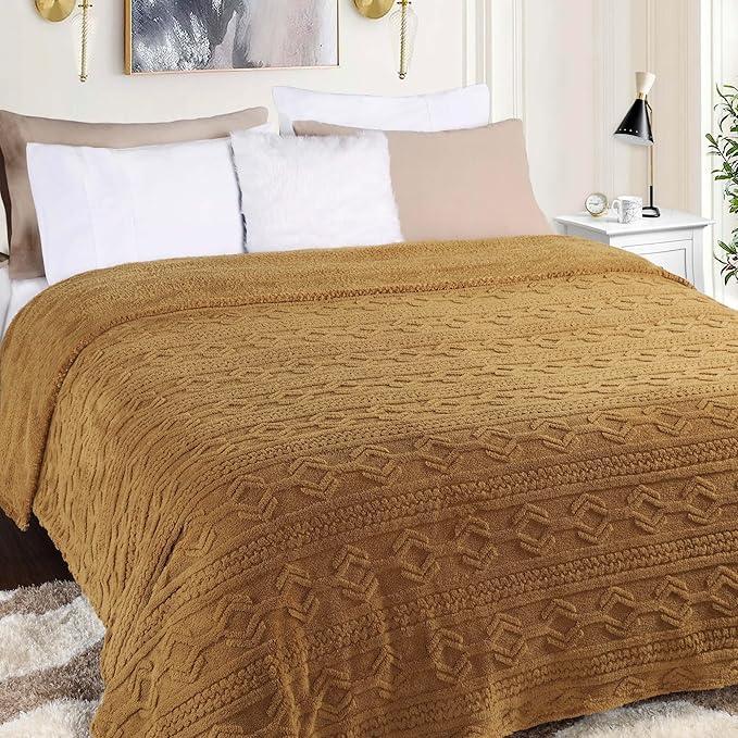 Superior Fleece Boho Jacquard Blanket, Decorative Blankets for Bedroom, Sofa, Fuzzy, Plush, Fluffy, Soft, Cute Room Decor, Beautiful Cover, Comfort Essentials, Arctic Collection, King, Camel