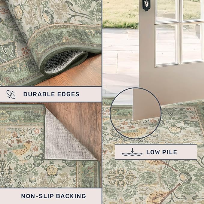 2'6"x8' Long Hallway Runner Rug - Vintage Botanical Wide Runners for Kitchen Bedroom Hall Way, Washable Non Slip with Rubber Backing, Light Green Sage Floral Décor