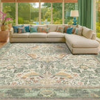 Floral Washable Large Rugs for Bedroom 10x14 - Sage Green Soft Area Rug for Dining Room Under Kitchen Table, Living Room, Playroom, Folable Non Skid Low Pile Indoor Carpet