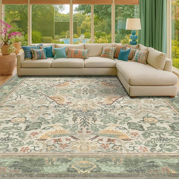Floral Washable Large Rugs for Bedroom 10x14 - Sage Green Soft Area Rug for Dining Room Under Kitchen Table, Living Room, Playroom, Folable Non Skid Low Pile Indoor Carpet