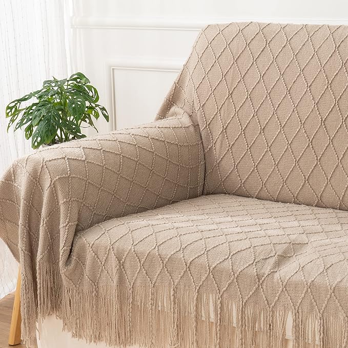 BATTILO HOME Khaki Throw Blanket, Beige Throw Blanket for Couch, End of Bed Throws Spring Decorative Large Throw Tan (Beige, 52"x80")