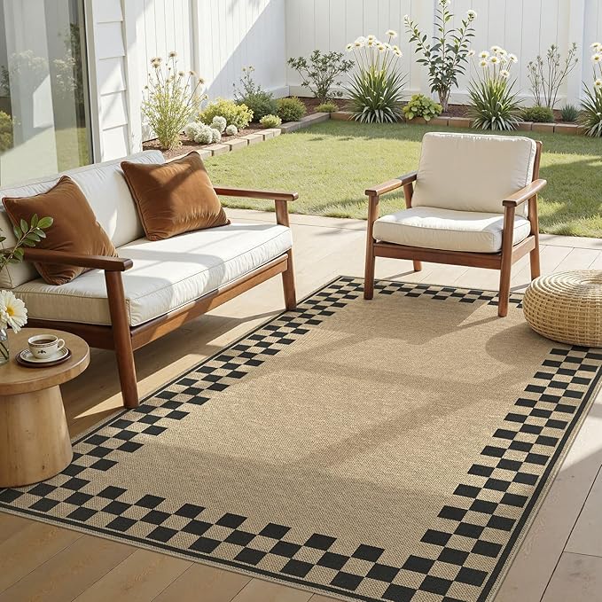 4x6 Jute Rug for Living Room: Farmhouse Indoor Outdoor Rug Washable with Non-Slip for Bedroom Patio Backyard Dining Room Home Office - Checkered Brown