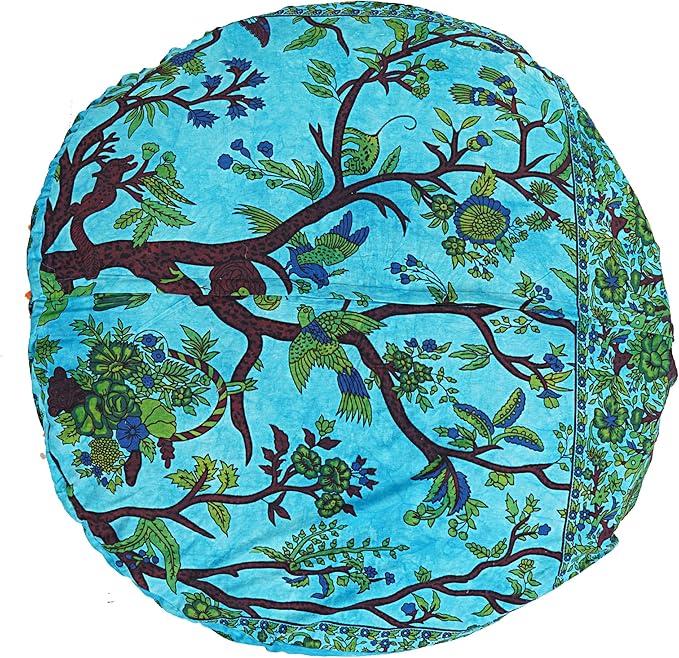 35 X 35 inch Large Mandala Floor Pillow Cushion Seating Throw Cover Hippie Decorative Bohemian Ottoman Poufs, Multi Pom Pom Pillow Cases,Boho Indian Pet Dog Bed Cover (Blue T.L)