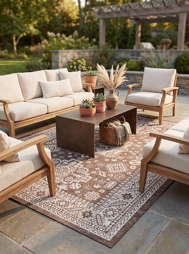 Rugs.com Outdoor Aztec Collection Rug – 7' x 10' Brown Flatweave Rug Perfect for Living Rooms, Large Dining Rooms, Open Floorplans