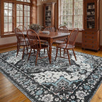 YJ.GWL Area Rugs for Living Room 6x9 Machine Washable Rugs, Non Slip Floral Vintage Rug Indoor Carpet, Stain Resistant Large Rug for Bedroom Dining Room, Black Grey Blue