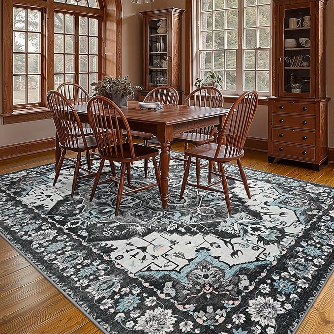 YJ.GWL Area Rugs for Living Room 6x9 Machine Washable Rugs, Non Slip Floral Vintage Rug Indoor Carpet, Stain Resistant Large Rug for Bedroom Dining Room, Black Grey Blue