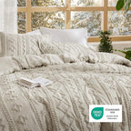Bedsure Tufted Boho Comforter Set King Size - Linen Boho Bed Set, GentleSoft™ 3 Pieces Farmhouse Shabby Chic Embroidery Bedding, Gifts for Woman, Soft Jacquard King Comforter for All Seasons