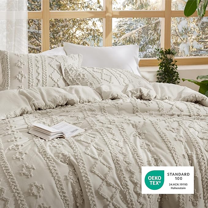 Bedsure Tufted Boho Comforter Set Twin Size - Linen Boho Bed Set, GentleSoft™ 2 Pieces Farmhouse Shabby Chic Embroidery Bedding, Gifts for Woman, Soft Jacquard Twin Comforter for All Seasons