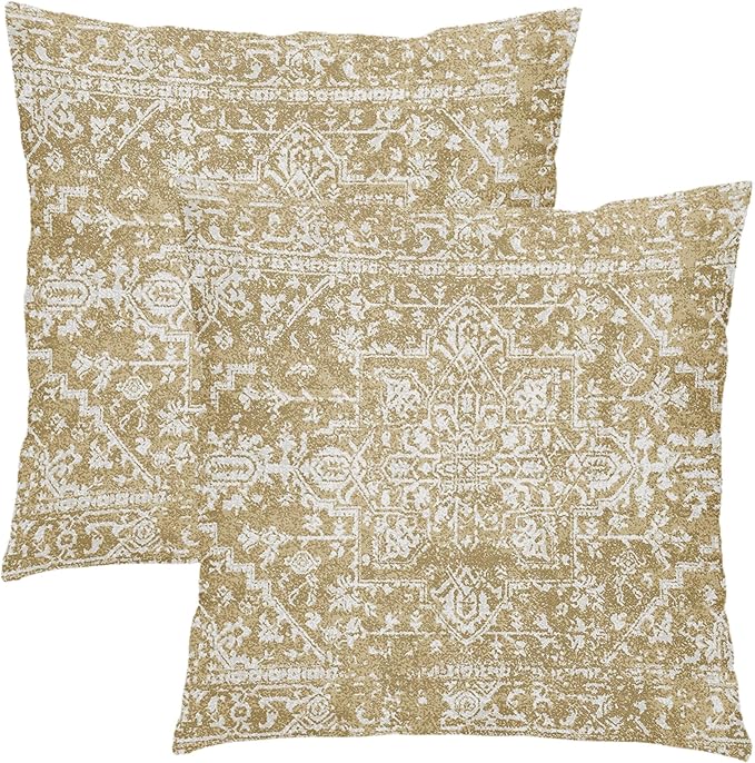 Tan Brown Gray Boho Throw Pillow Covers 22x22 Inch Decorative Square Bohemian Carpet Pattern Ethnic Pillow Cases Rustic Vintage Rug Cushion Covers Farmhouse Home Decor For Sofa Couch Outdoor Set of 2