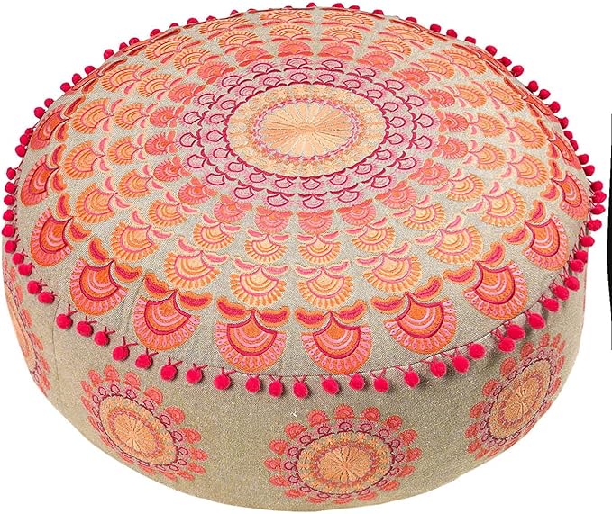 Mandala Life ART Large Boho Pouf Cushion Cover Pink Round Floor Pillow Luxury Kids Room Décor Cotton Pouf Ottoman Cushion for Meditation Yoga and Boho Chic Seating Area Stool Cotton 24x8 Unstuffed