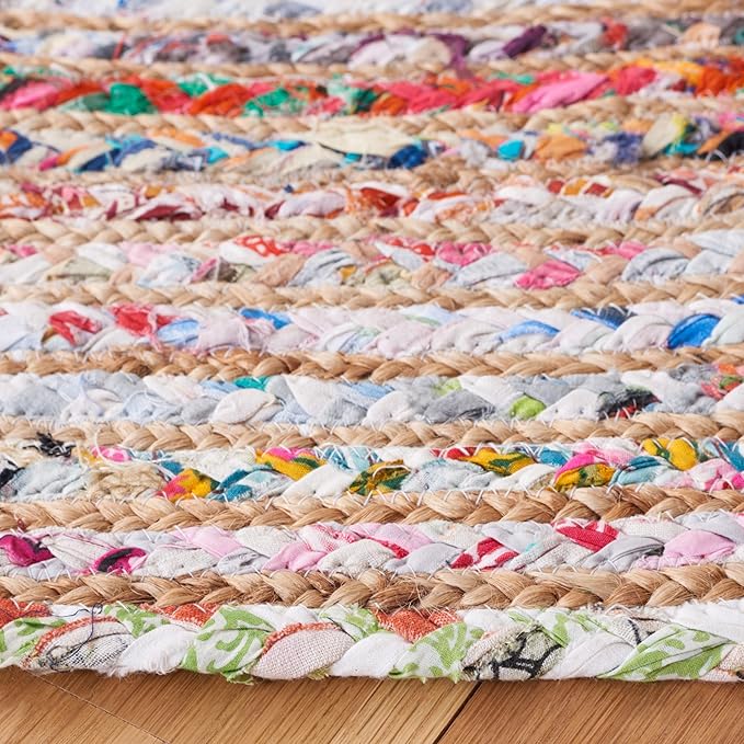 SAFAVIEH Area Rug 4' Round - Cape Cod Collection - Beige & Multi, Handmade Jute & Cotton, Woven Braided Design (CAP202B)