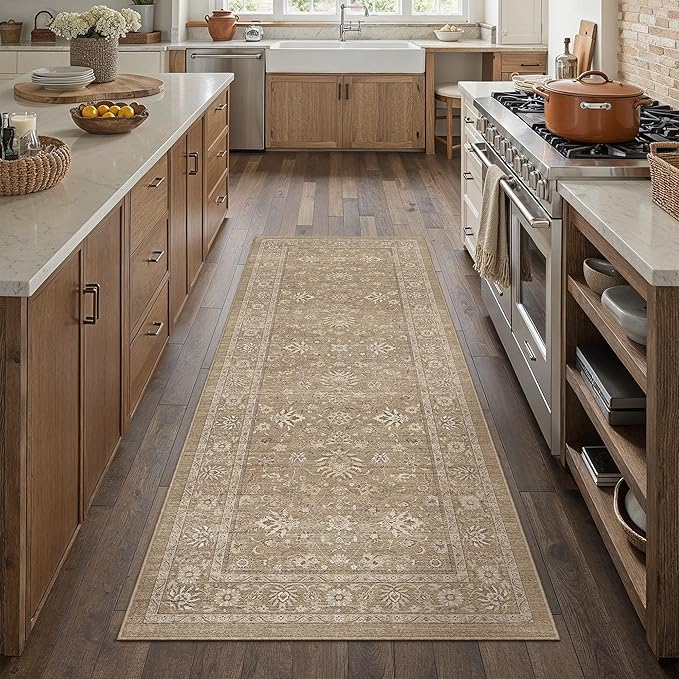 2x6 Runner Rug Brown Washable Hallway Vintage Carpet Kitchen Small Long Non Slip Stain Soft Resistant Low Pile Thin Boho Accent Indoor Throw Rug for Bedroom Laundry Living Room