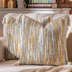 AmHoo Boho Throw Pillow Covers Set of 2 Decorative Bohemian Woven Tufted Striped Farmhouse with Tassels Textured Cushion Case Pillowcase Neutral for Sofa Couch Bed 18 x 18-Inch Light Grey